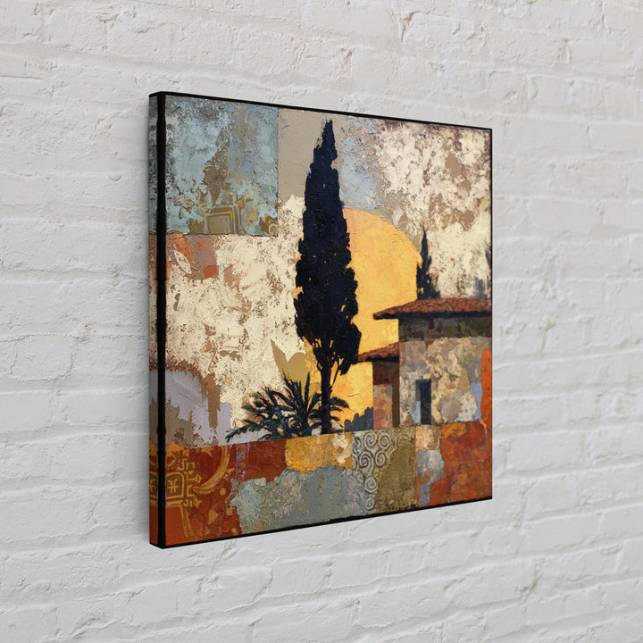 Cypress Silhouette at Sunset Framed Canvas Print, Italian Villa Art, Landscape Painting, Living Room Decor, Fine Art, Villa, IVA-1x1-21