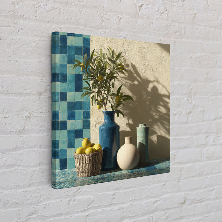 Lemon Branch in Blue Ceramic Vase Canvas Print, Italian Villa Art, Gallery Wall, Living Room Decor, Watercolor Art, Villa, IVA-1x1-26