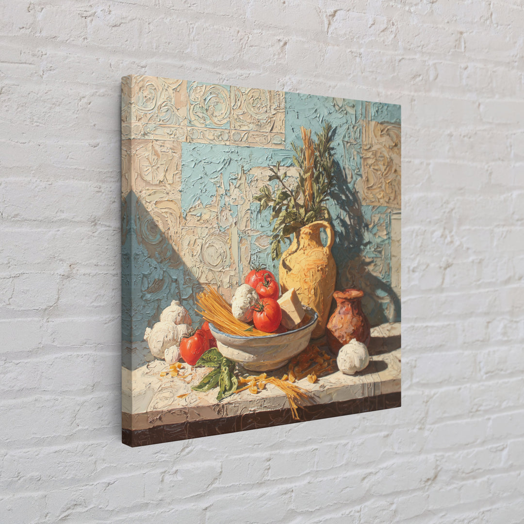 Pasta Herbs and Tomatoes Still Life Framed Canvas Print, Italian Villa Art, Farmhouse Wall Art, Living Room Decor, Oil Painting, IVA-1x1-43