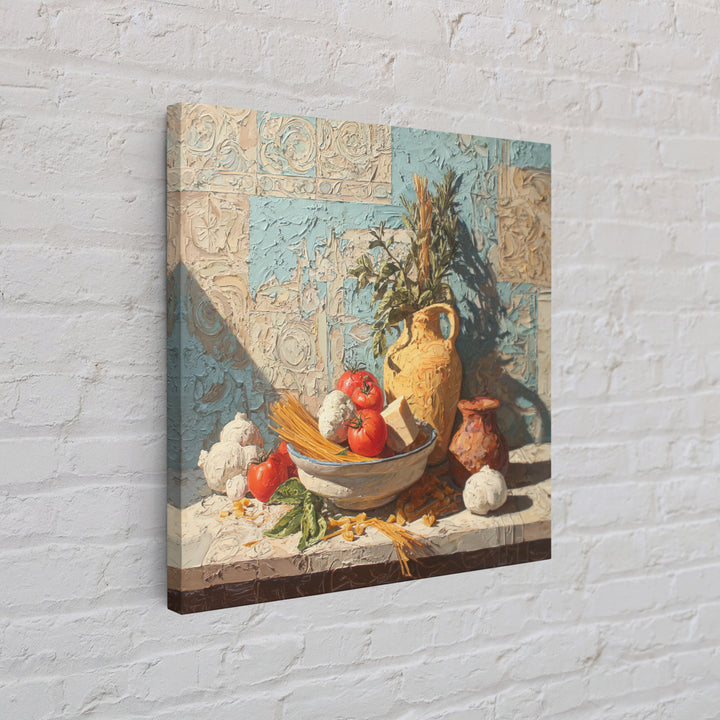 Pasta Herbs and Tomatoes Still Life Framed Canvas Print, Italian Villa Art, Farmhouse Wall Art, Living Room Decor, Oil Painting, IVA-1x1-43