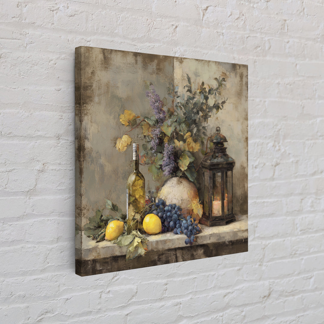 Grapevine and Wine Still Life on Linen Canvas Print, Italian Villa Art, Neutral Wall Art, Living Room Decor, Abstract Art, IVA-1x1-55