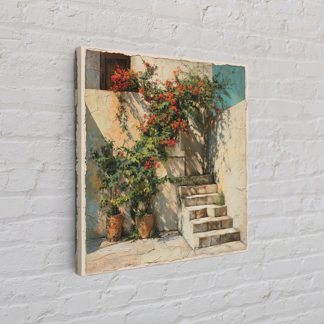 Sunlit Stone Stairway Canvas Print, Italian Villa Art, Rustic Home Decor, Living Room Decor, Fine Art, Villa, Boho Decor, IVA-1x1-59
