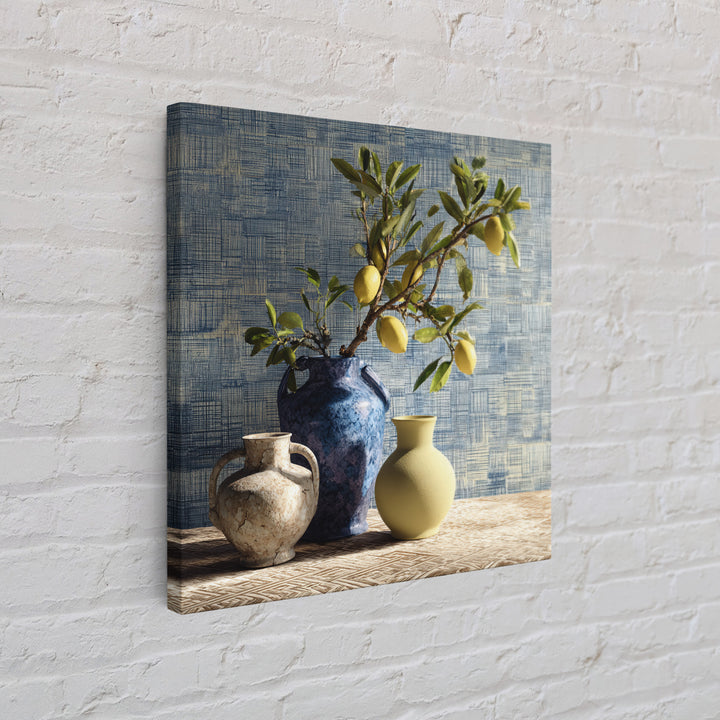 Lemon Branch in Blue Ceramic Vase Framed Canvas Print, Italian Villa Art, Gallery Wall Set, Living Room Decor, Watercolor Art, IVA-1x1-74