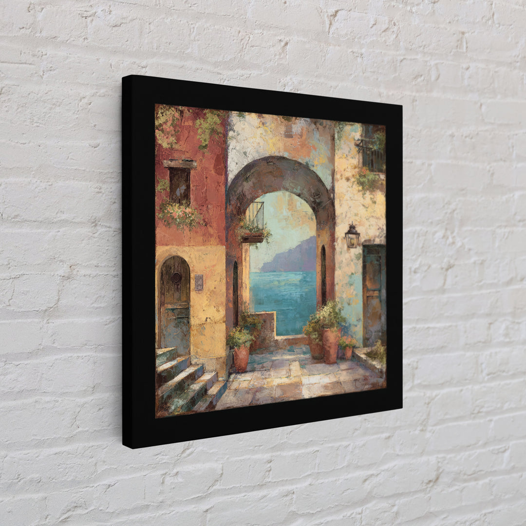 Mediterranean Arch Framing Blue Sea Framed Canvas Print, Italian Villa Art, Home Decor, Living Room Decor, Fine Art, Villa, IVA-1x1-80