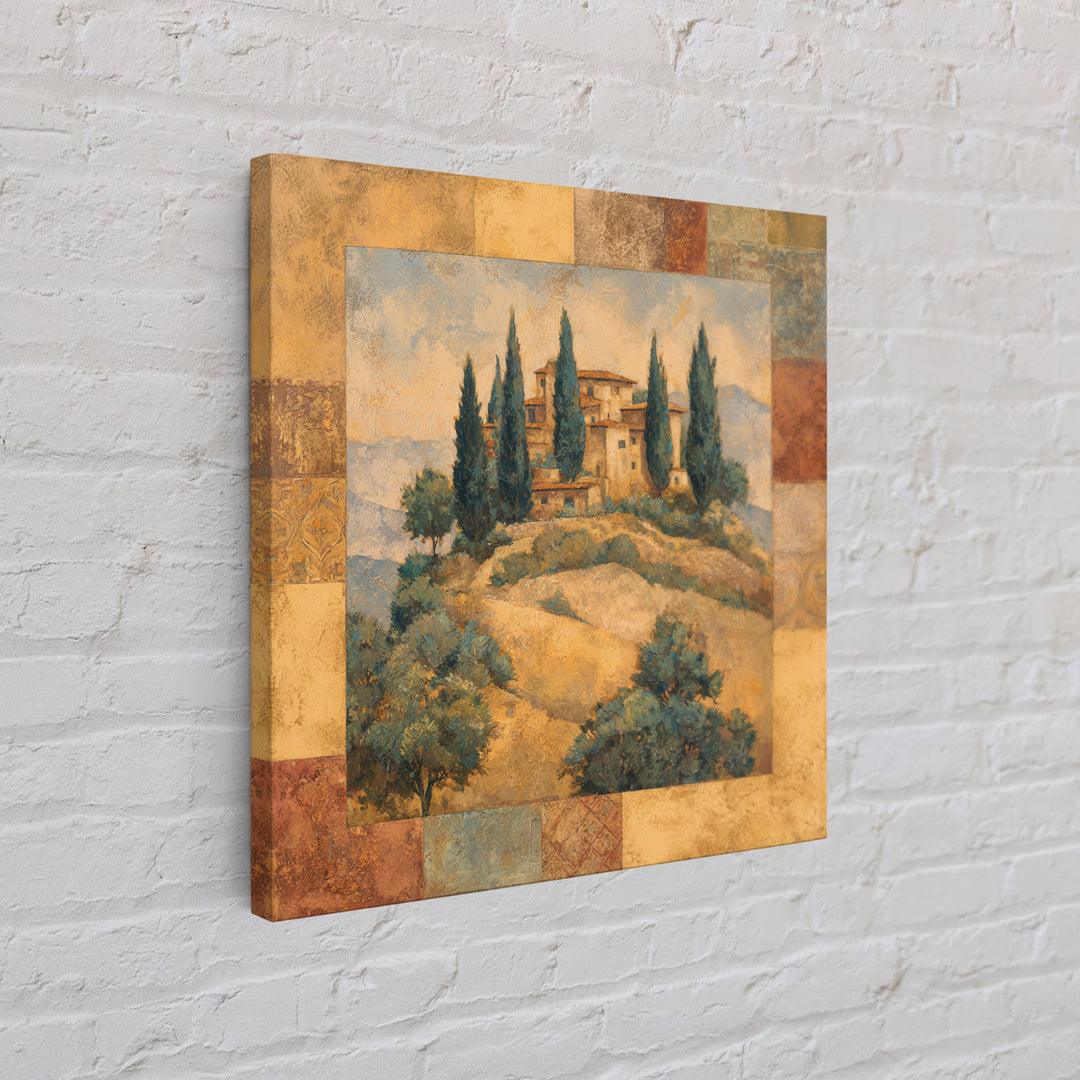 Tuscan Hillside with Cypress Trees and Golden Canvas Print, Italian Villa Art, Living Room Decor, Oil Painting, Villa, IVA-1x1-97