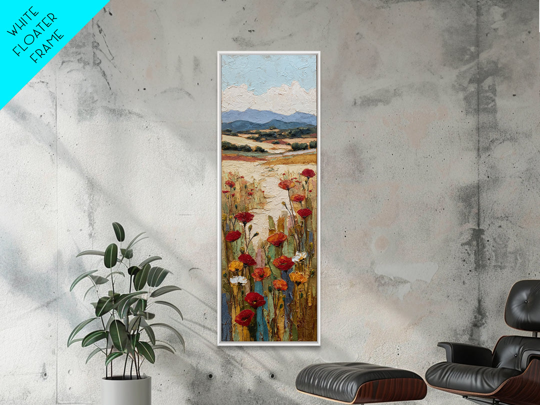 Tuscan Poppy Field Framed Canvas Print, Italian Villa Art, Travel Poster, Living Room Decor, Watercolor Art, Villa, IVA-1x3-3