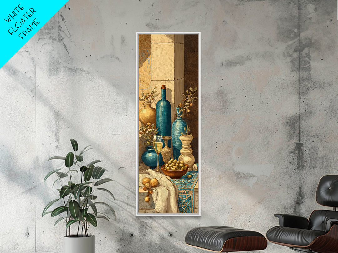 White Wine and Olives Still Life Framed Canvas Print, Italian Villa Art, Colorful Wall Art, Living Room Decor, Fine Art, Villa, IVA-1x3-4