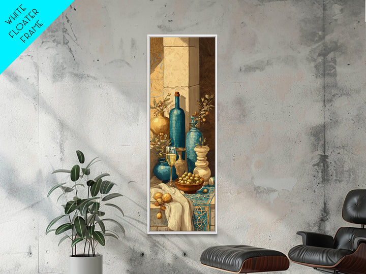 White Wine and Olives Still Life Framed Canvas Print, Italian Villa Art, Colorful Wall Art, Living Room Decor, Fine Art, Villa, IVA-1x3-4