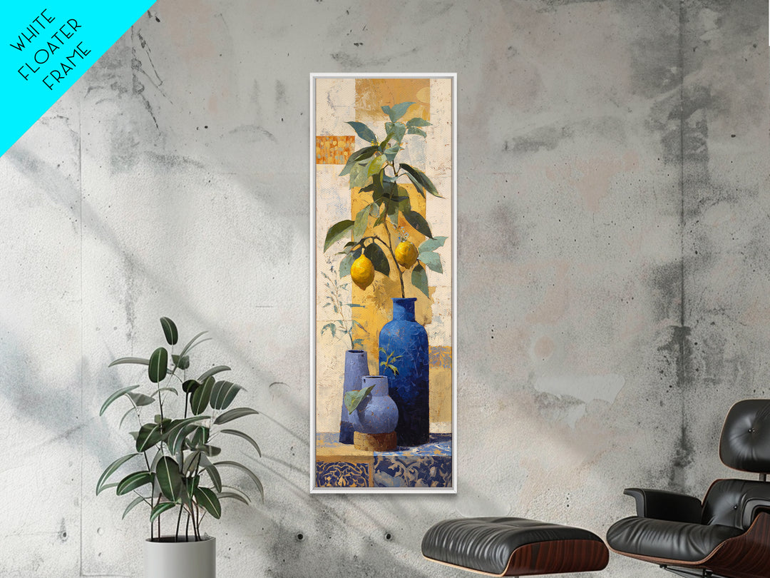 Lemon Branch in Blue Ceramic Vase Framed Canvas Print, Italian Villa Art, Gallery Wall Set, Living Room Decor, Oil Painting, IVA-1x3-62