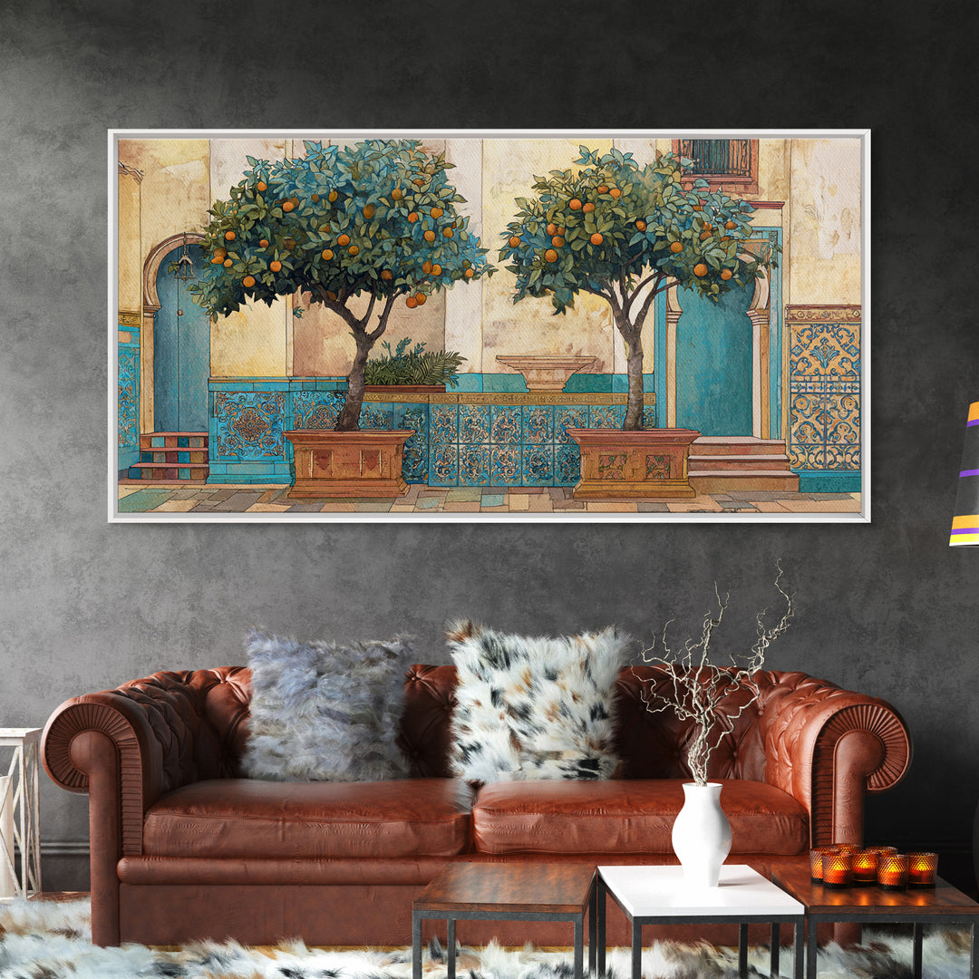 Orange Tree in a Courtyard Planter Framed Canvas Print, Italian Villa Art, Home Decor, Living Room Decor, Fine Art, Villa, IVA-2x1-10