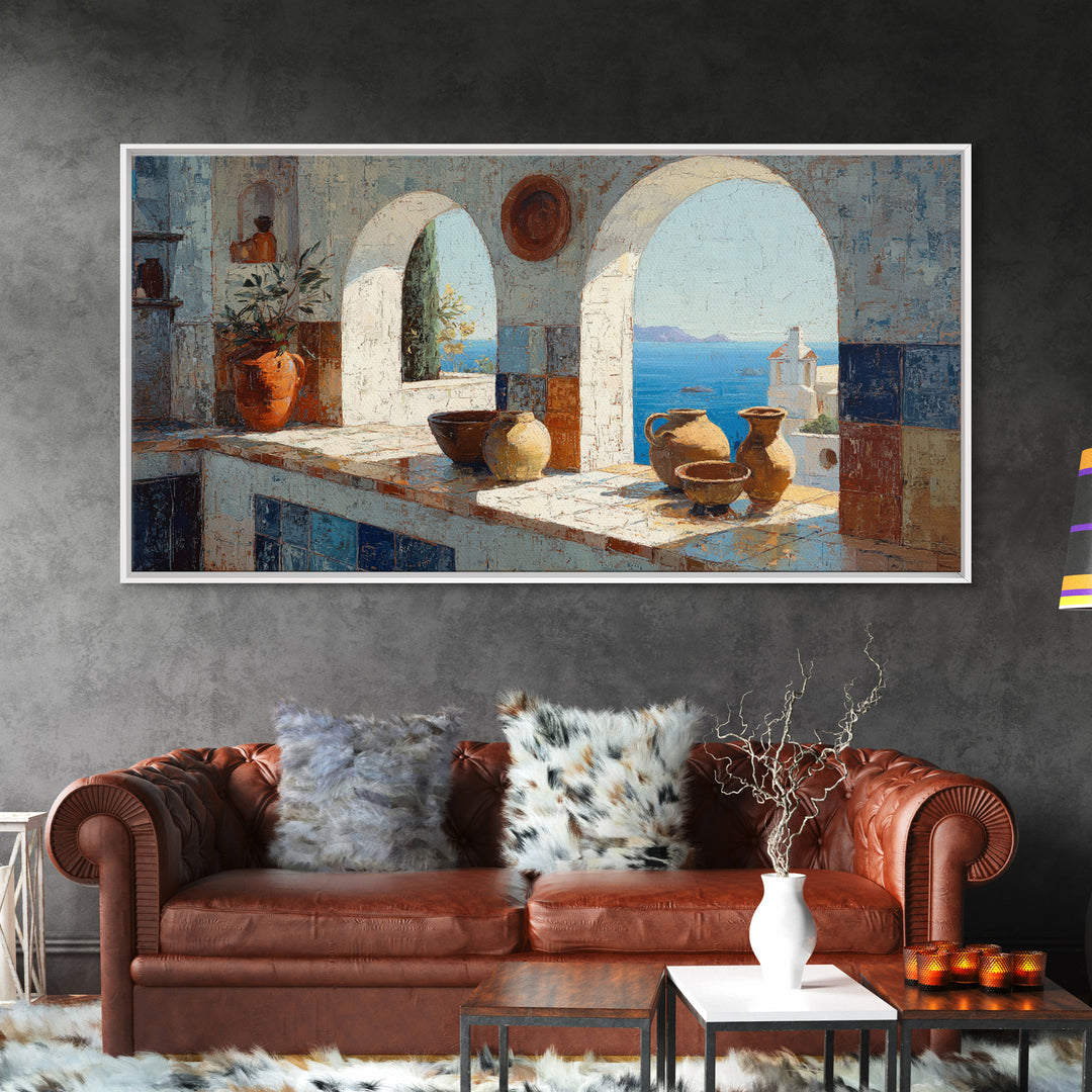 Mediterranean Arch Framing Blue Sea Framed Canvas Print, Italian Villa Art, Digital Download Art, Living Room Decor, Villa, IVA-2x1-100