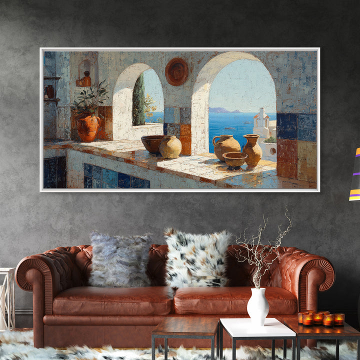 Mediterranean Arch Framing Blue Sea Framed Canvas Print, Italian Villa Art, Digital Download Art, Living Room Decor, Villa, IVA-2x1-100