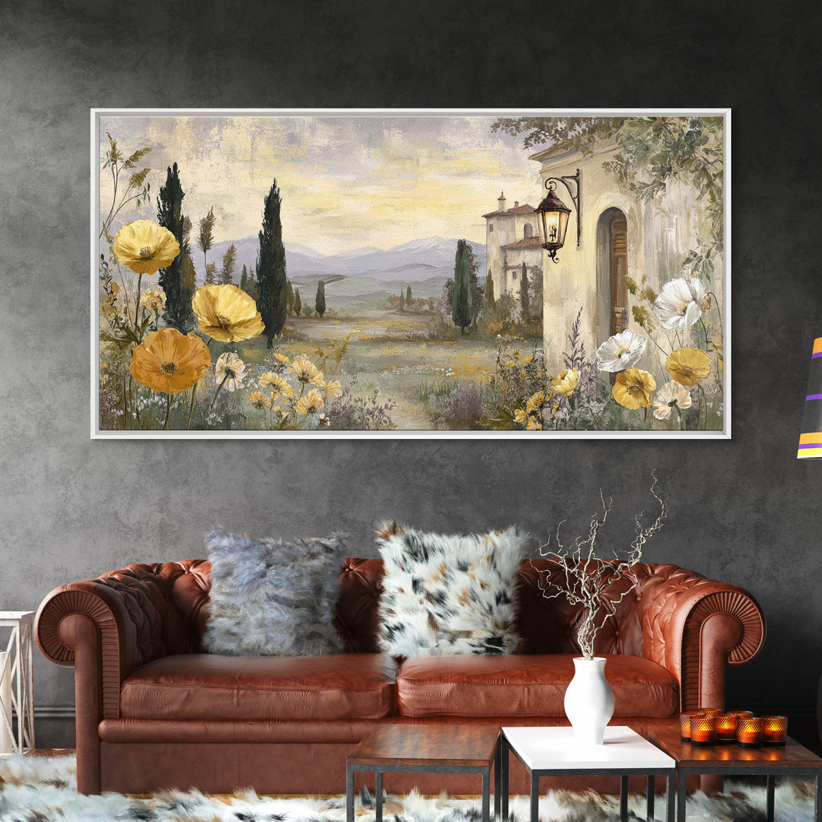Tuscan Poppy Field Framed Canvas Print, Italian Villa Art, Landscape Painting, Living Room Decor, Villa, Digital Art Print, IVA-2x1-11