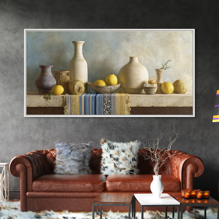 Coastal Lemons and Striped Cloth Arrangement Framed Canvas Print, Italian Villa Art, Modern Decor, Living Room Decor, Villa, IVA-2x1-20