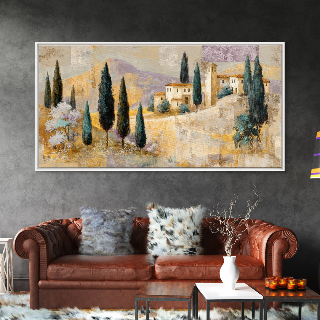Tuscan Hillside with Cypress Trees and Golden Canvas Print, Italian Villa Art, Living Room Decor, Oil Painting, Villa, IVA-2x1-21