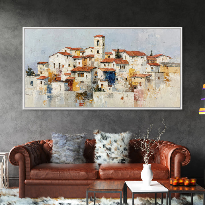Terracotta Rooftops Against Pale Sky Framed Canvas Print, Italian Villa Art, Room Decor, Living Room Decor, Fine Art, Villa, IVA-2x1-24