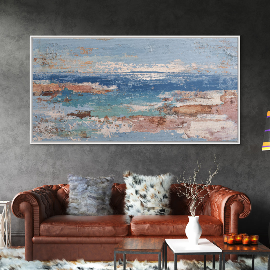 Mediterranean Arch Framing Blue Sea Framed Canvas Print, Italian Villa Art, Textured Painting, Living Room Decor, Villa, IVA-2x1-28