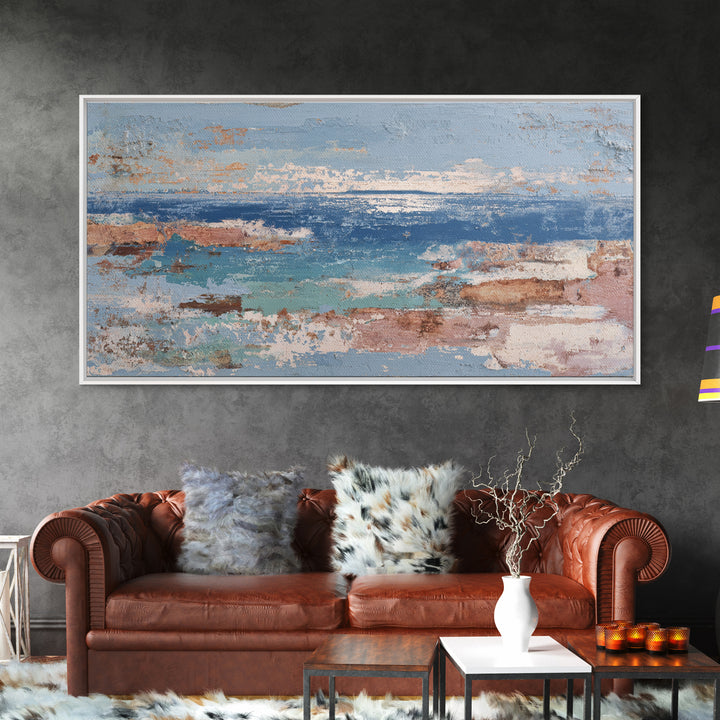 Mediterranean Arch Framing Blue Sea Framed Canvas Print, Italian Villa Art, Textured Painting, Living Room Decor, Villa, IVA-2x1-28