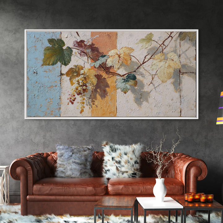 Grapevine and Wine Still Life on Linen Framed Canvas Print, Italian Villa Art, Printable Art, Living Room Decor, Villa, IVA-2x1-3