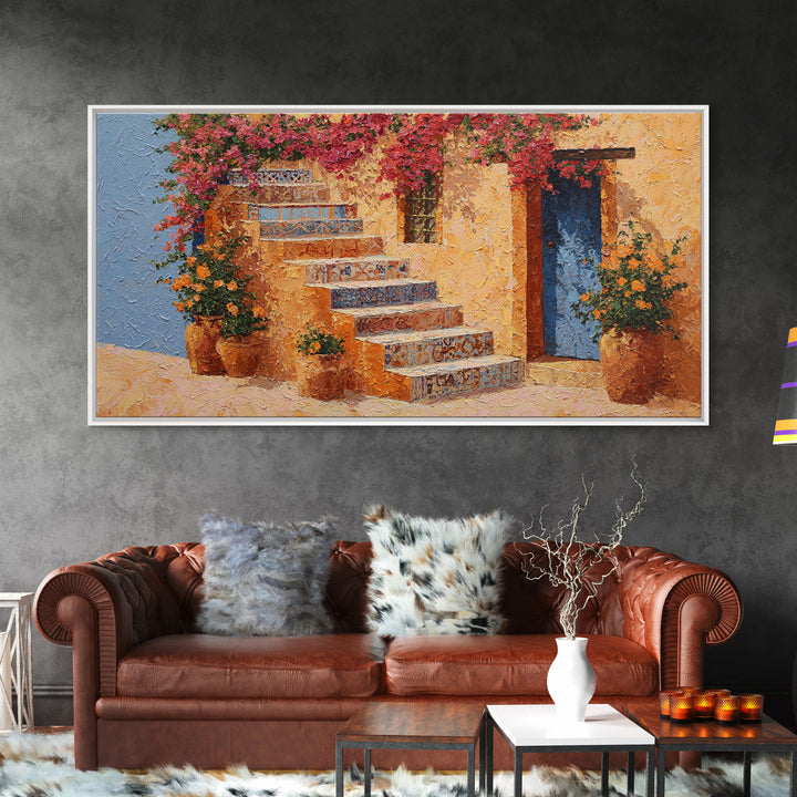 Sunlit Stone Stairway Canvas Print, Italian Villa Art, Original Painting, Living Room Decor, Villa, Landscape Painting, IVA-2x1-31