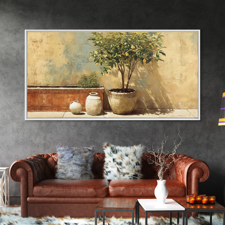 Orange Tree in a Courtyard Planter Framed Canvas Print, Italian Villa Art, Home Decor, Living Room Decor, Fine Art, Villa, IVA-2x1-34