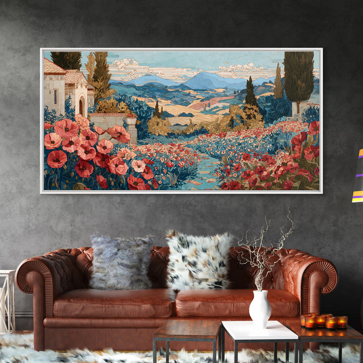 Tuscan Poppy Field Framed Canvas Print, Italian Villa Art, Boho Decor, Living Room Decor, Oil Painting, Villa, Digital Wall Art, IVA-2x1-35