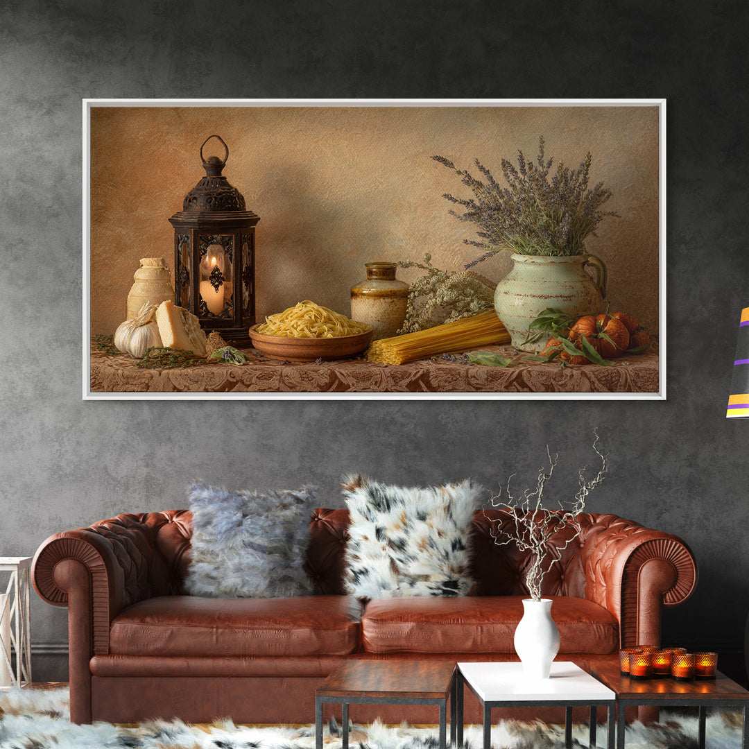 Pasta Herbs and Tomatoes Still Life Canvas Print, Italian Villa Art, Minimalist Decor, Living Room Decor, Oil Painting, Villa, IVA-2x1-39