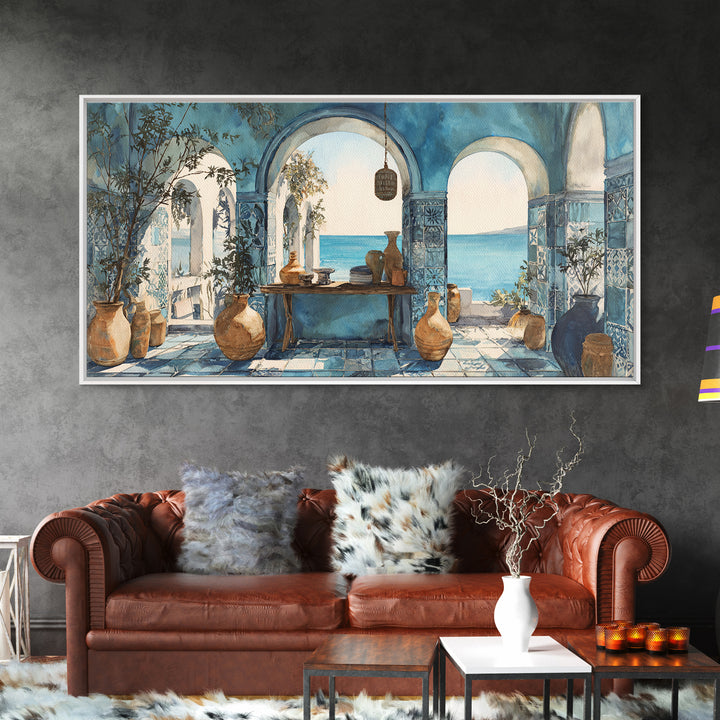 Mediterranean Arch Framing Blue Sea Canvas Print, Italian Villa Art, Statement Artwork, Living Room Decor, Fine Art, Villa, IVA-2x1-4