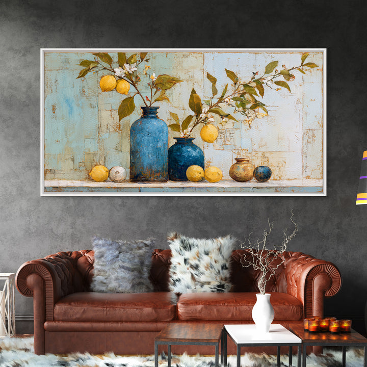 Lemon Branch in Blue Ceramic Vase Framed Canvas Print, Italian Villa Art, Neutral Decor, Living Room Decor, Fine Art, Villa, IVA-2x1-46
