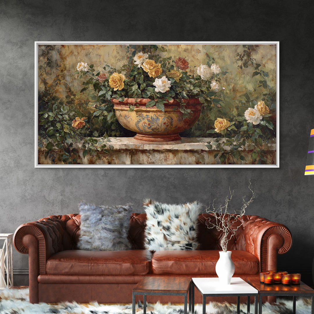 Italian Villa Garden Urn Framed Canvas Print, Italian Villa Art, Modern Decor, Living Room Decor, Oil Painting, Villa, IVA-2x1-50