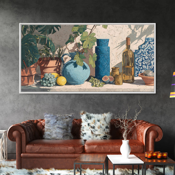 Grapevine and Wine Still Life on Linen Framed Canvas Print, Italian Villa Art, Printable Art, Living Room Decor, Abstract Art, IVA-2x1-51
