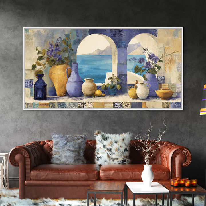 Mediterranean Arch Framing Blue Sea Canvas Print, Italian Villa Art, Original Painting, Living Room Decor, Fine Art, Villa, IVA-2x1-52