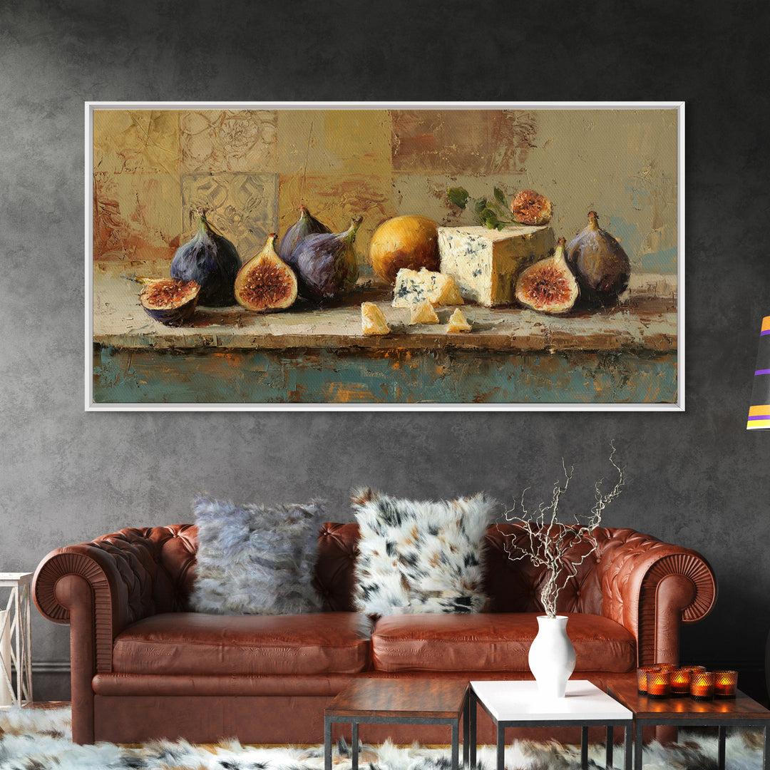Figs and Cheese on Rustic Wooden Board Canvas Print, Italian Villa Art, Art Print, Living Room Decor, Oil Painting, Villa, IVA-2x1-53