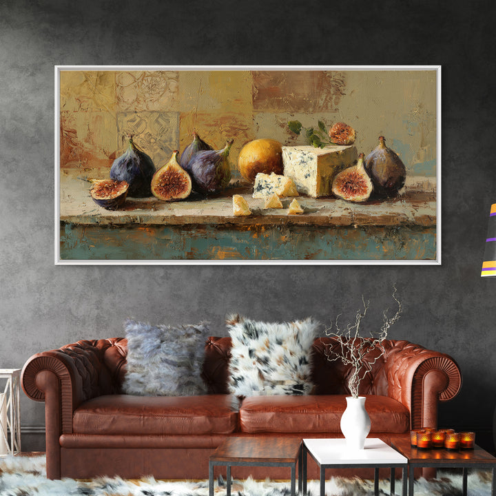 Figs and Cheese on Rustic Wooden Board Canvas Print, Italian Villa Art, Art Print, Living Room Decor, Oil Painting, Villa, IVA-2x1-53