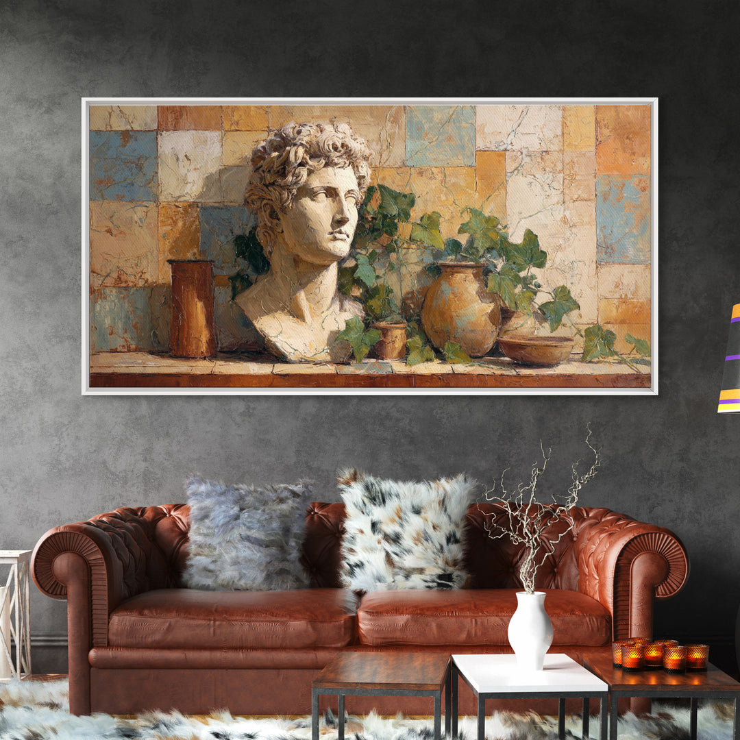 Classic Roman Statue Bust Framed Canvas Print, Italian Villa Art, Oil Painting, Living Room Decor, Villa, Farmhouse Wall Art, IVA-2x1-56