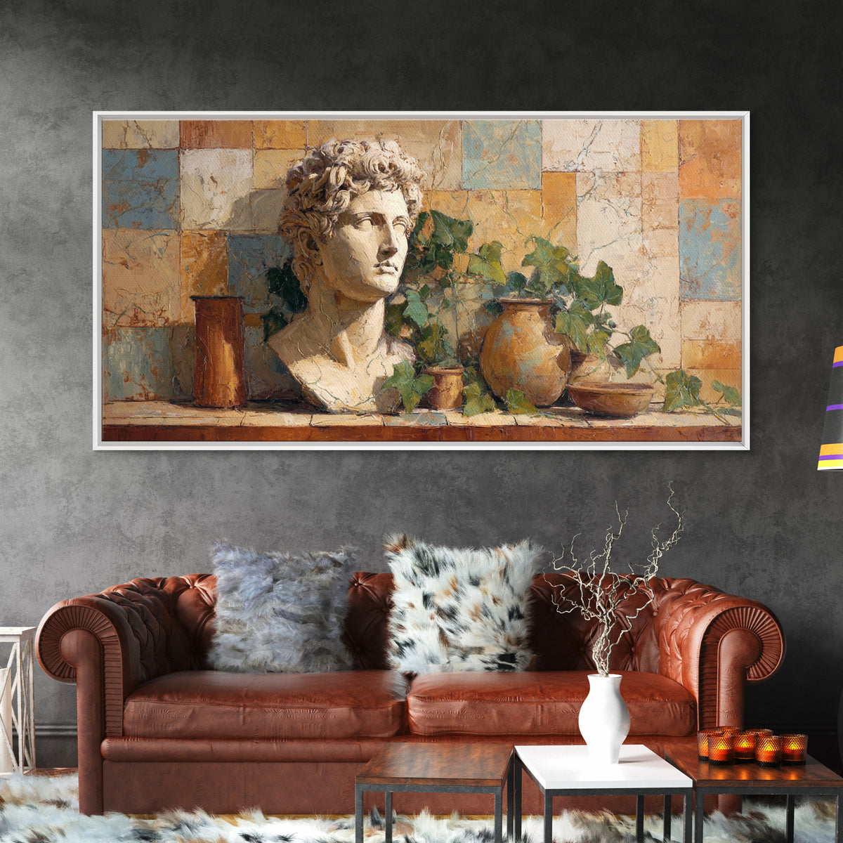 Classic Roman Statue Bust Framed Canvas Print, Italian Villa Art, Oil Painting, Living Room Decor, Villa, Farmhouse Wall Art, IVA-2x1-56