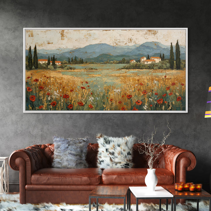 Tuscan Poppy Field Framed Canvas Print, Italian Villa Art, Landscape Painting, Living Room Decor, Watercolor Art, Villa, IVA-2x1-59