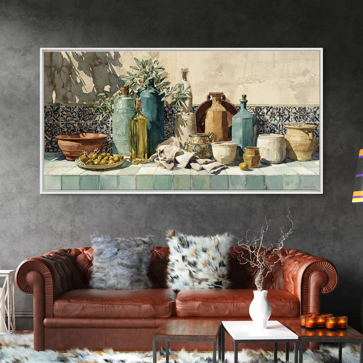 White Wine and Olives Still Life Framed Canvas Print, Italian Villa Art, Digital Wall Art, Living Room Decor, Oil Painting, IVA-2x1-60