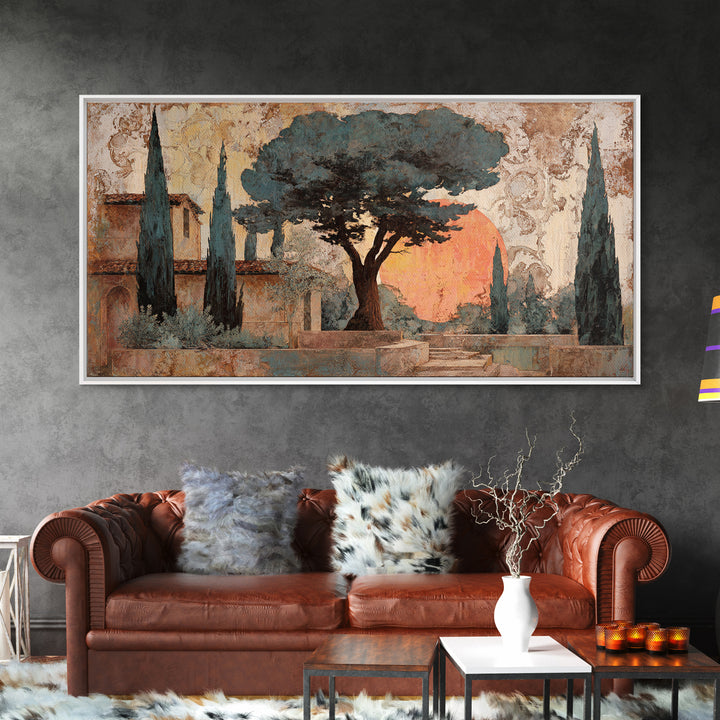Cypress Silhouette at Sunset Framed Canvas Print, Italian Villa Art, Boho Decor, Living Room Decor, Abstract Art, Villa, IVA-2x1-65