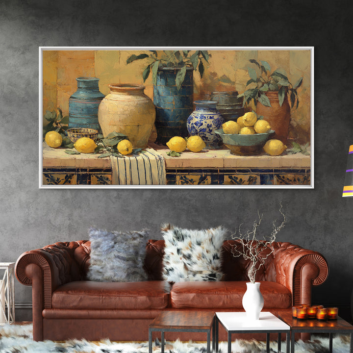 Coastal Lemons and Striped Cloth Arrangement Canvas Print, Italian Villa Art, Framed Wall Art, Living Room Decor, IVA-2x1-68