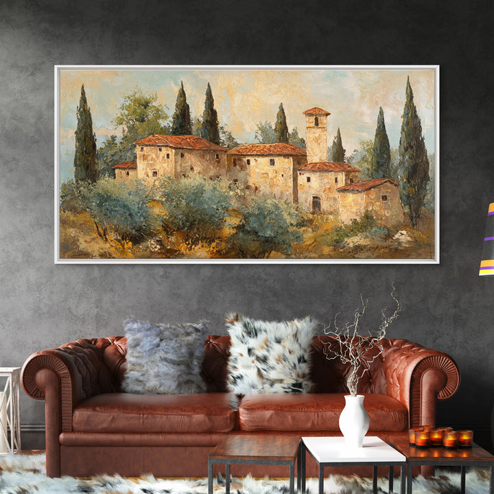 Tuscan Hillside with Cypress Trees and Golden Canvas Print, Italian Villa Art, Minimalist Decor, Living Room Decor, Villa, IVA-2x1-69