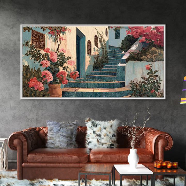 Sunlit Stone Stairway Framed Canvas Print, Italian Villa Art, Textured Painting, Living Room Decor, Villa, Bedroom Wall Art, IVA-2x1-7