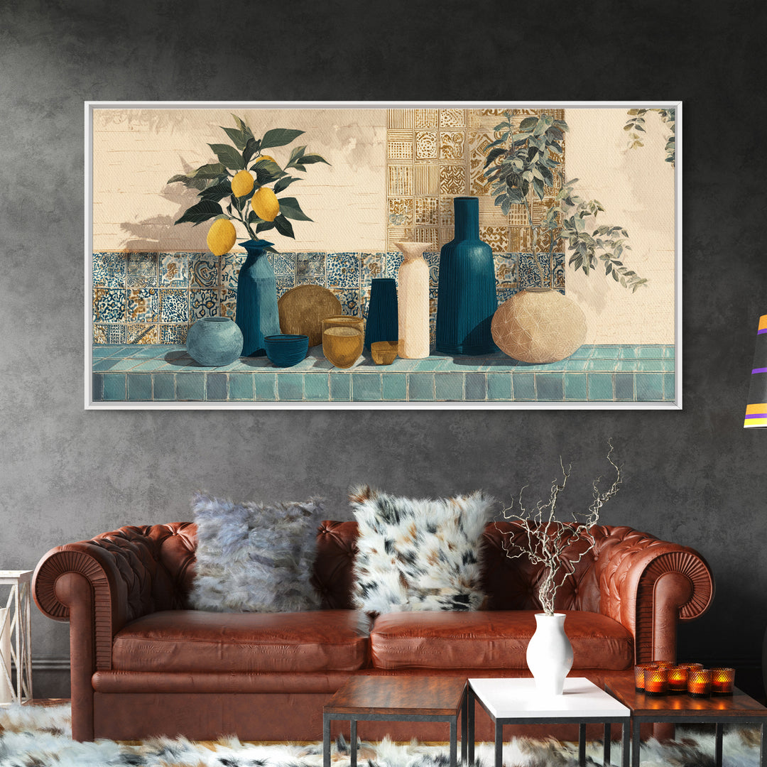 Lemon Branch in Blue Ceramic Vase Canvas Print, Italian Villa Art, Luxury Decor, Living Room Decor, Oil Painting, Villa, IVA-2x1-70