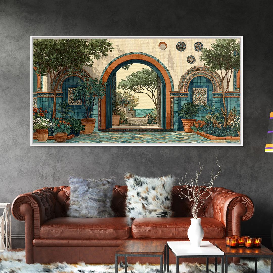 Mediterranean Arch Framing Blue Sea Canvas Print, Italian Villa Art, Coastal Decor, Living Room Decor, Fine Art, Villa, IVA-2x1-76