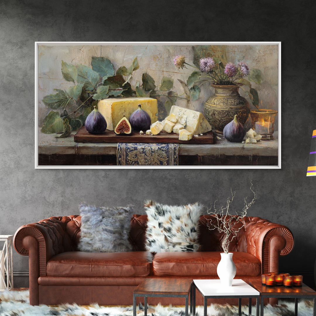 Figs and Cheese on Rustic Wooden Board Canvas Print, Italian Villa Art, Art Print, Living Room Decor, Oil Painting, Villa, IVA-2x1-77