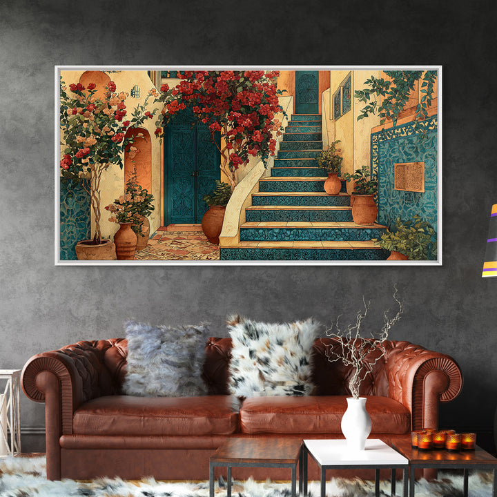 Sunlit Stone Stairway Framed Canvas Print, Italian Villa Art, Digital Download Art, Living Room Decor, Fine Art, Villa, IVA-2x1-79