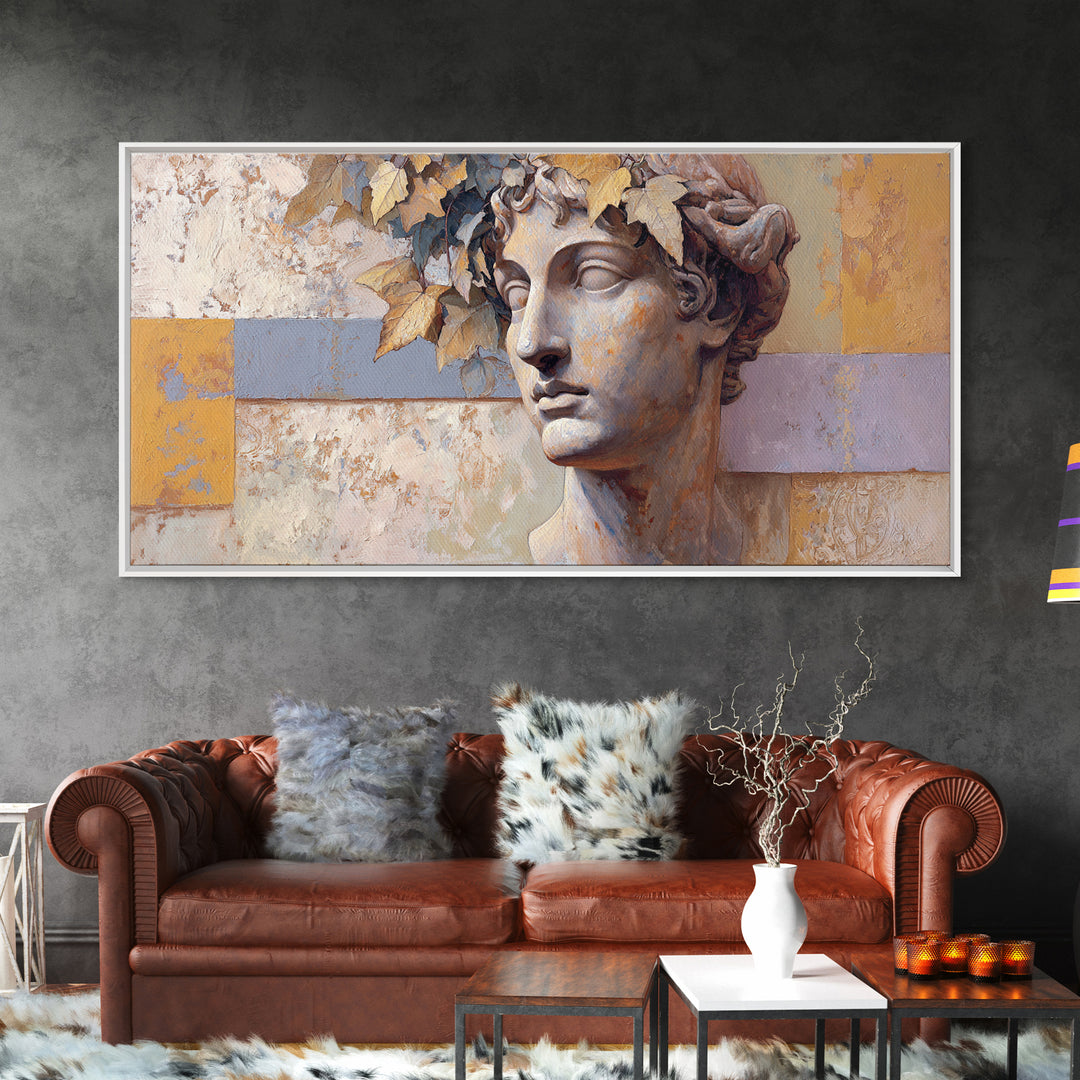 Classic Roman Statue Bust Framed Canvas Print, Italian Villa Art, Landscape Painting, Living Room Decor, Fine Art, Villa, IVA-2x1-80