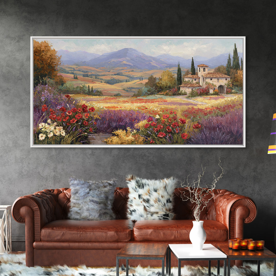 Tuscan Poppy Field Framed Canvas Print, Italian Villa Art, Boho Decor, Living Room Decor, Fine Art, Villa, Digital Wall Art, IVA-2x1-83