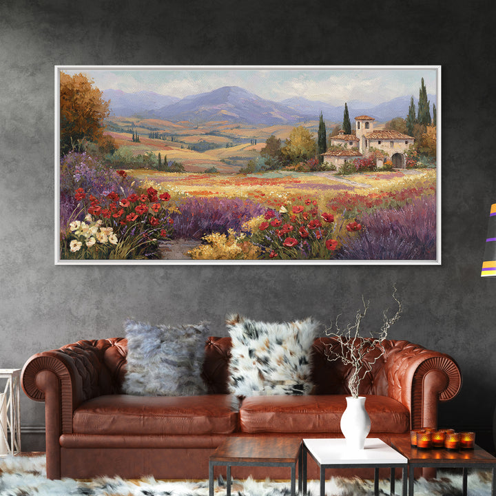 Tuscan Poppy Field Framed Canvas Print, Italian Villa Art, Boho Decor, Living Room Decor, Fine Art, Villa, Digital Wall Art, IVA-2x1-83