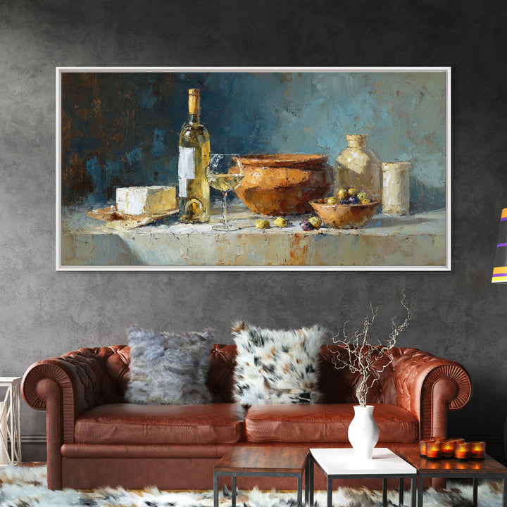 White Wine and Olives Still Life Framed Canvas Print, Italian Villa Art, Farmhouse Wall Art, Living Room Decor, Fine Art, Villa, IVA-2x1-84
